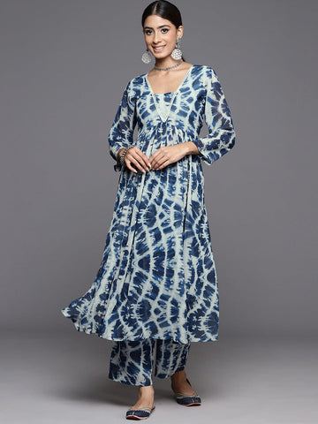 Varanga Women Blue Shibori Printed V-Neck A-Line  Kurta Paired With Tonal Printed Bottom